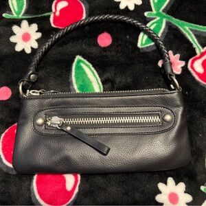 Black Faux Leather Pochette, Breaded Handle, Bold Silver Hardware